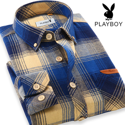 花花公子 春季新款男士 纯棉休闲格子衬衫男长