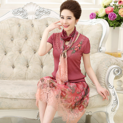 新款夏装中年女士针织套装修身高贵妈妈装短袖