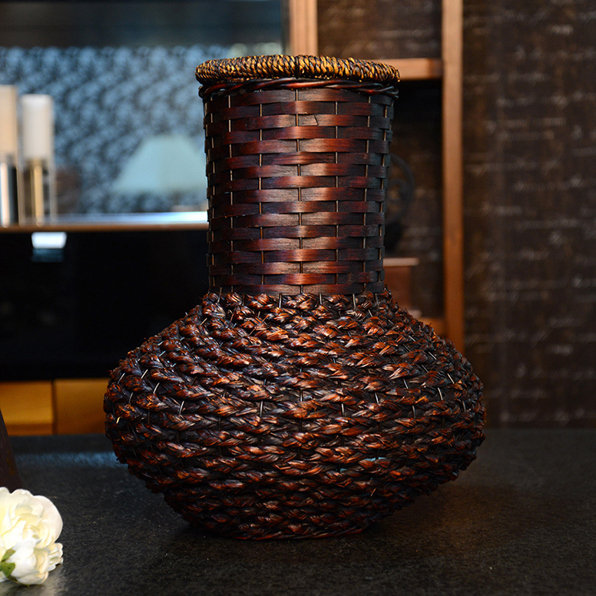 千年竹仿古粗颈纯手工竹片花瓶 台面大花瓶复