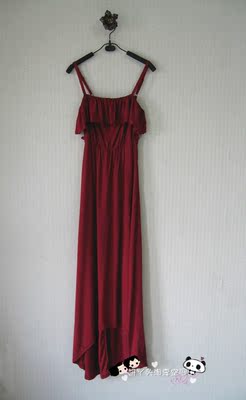 澳洲品牌订制原单 酒红色吊带连身长裙 荷叶边
