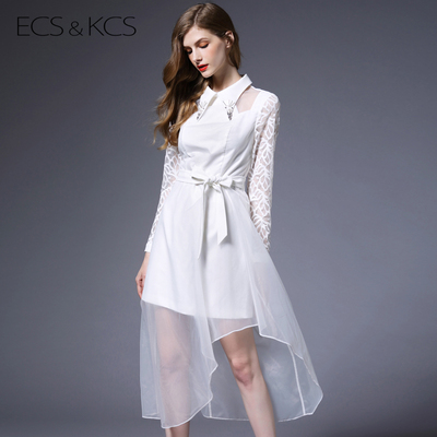 伊丝卡丝2015秋装新品欧美白色长袖连衣裙时