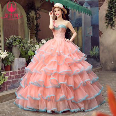 2015秋冬新品粉色单肩晚礼服蓬蓬裙演出服学生汇演影楼主题装 - 淘淘搜